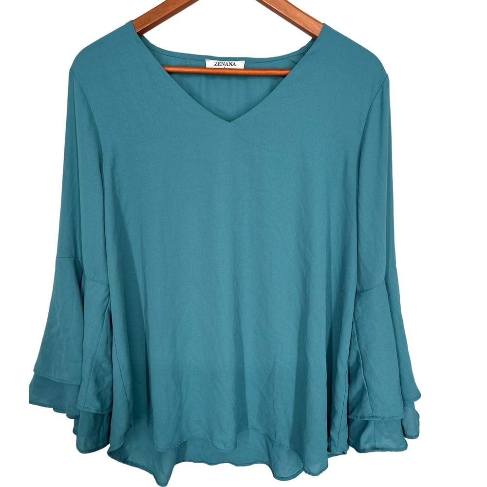 Zenana Flared Sleeve Flowy Teal Colored Blouse Women's Size Large